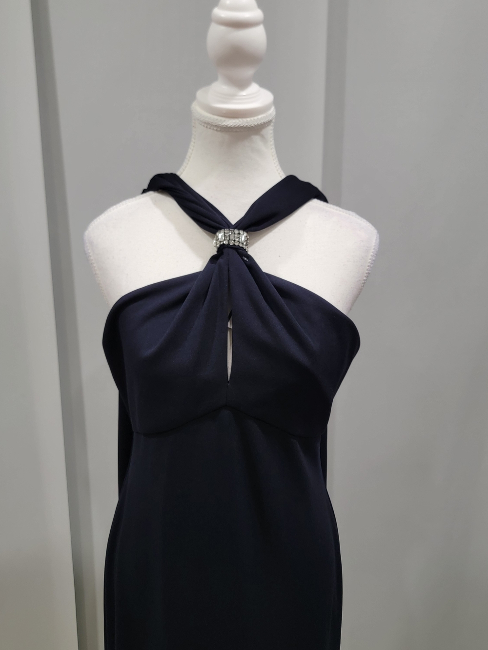 Joseph Ribkoff Navy Halter Midi Dress with Rhinestone Ring